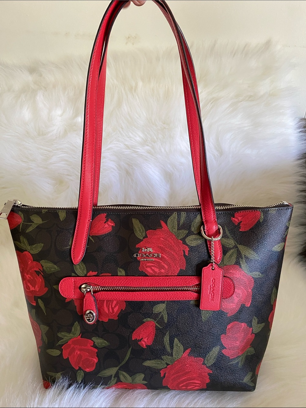 Coach Camo Rose Floral Signature Taylor Tote in Brown and Red